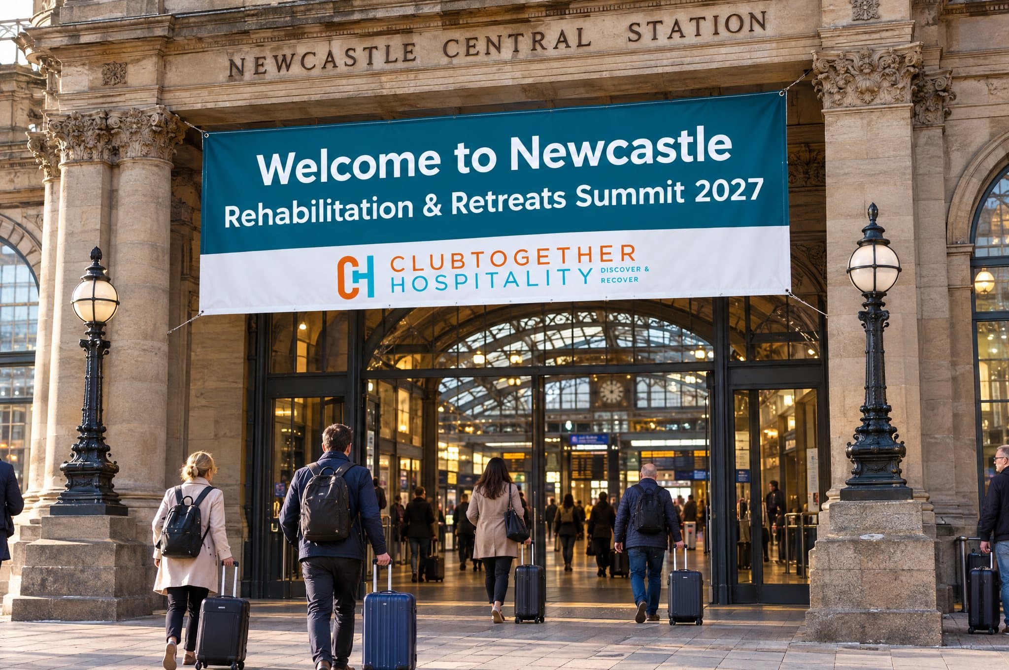 A “Welcome to Newcastle” summit banner over the entrance of Newcastle Central Station