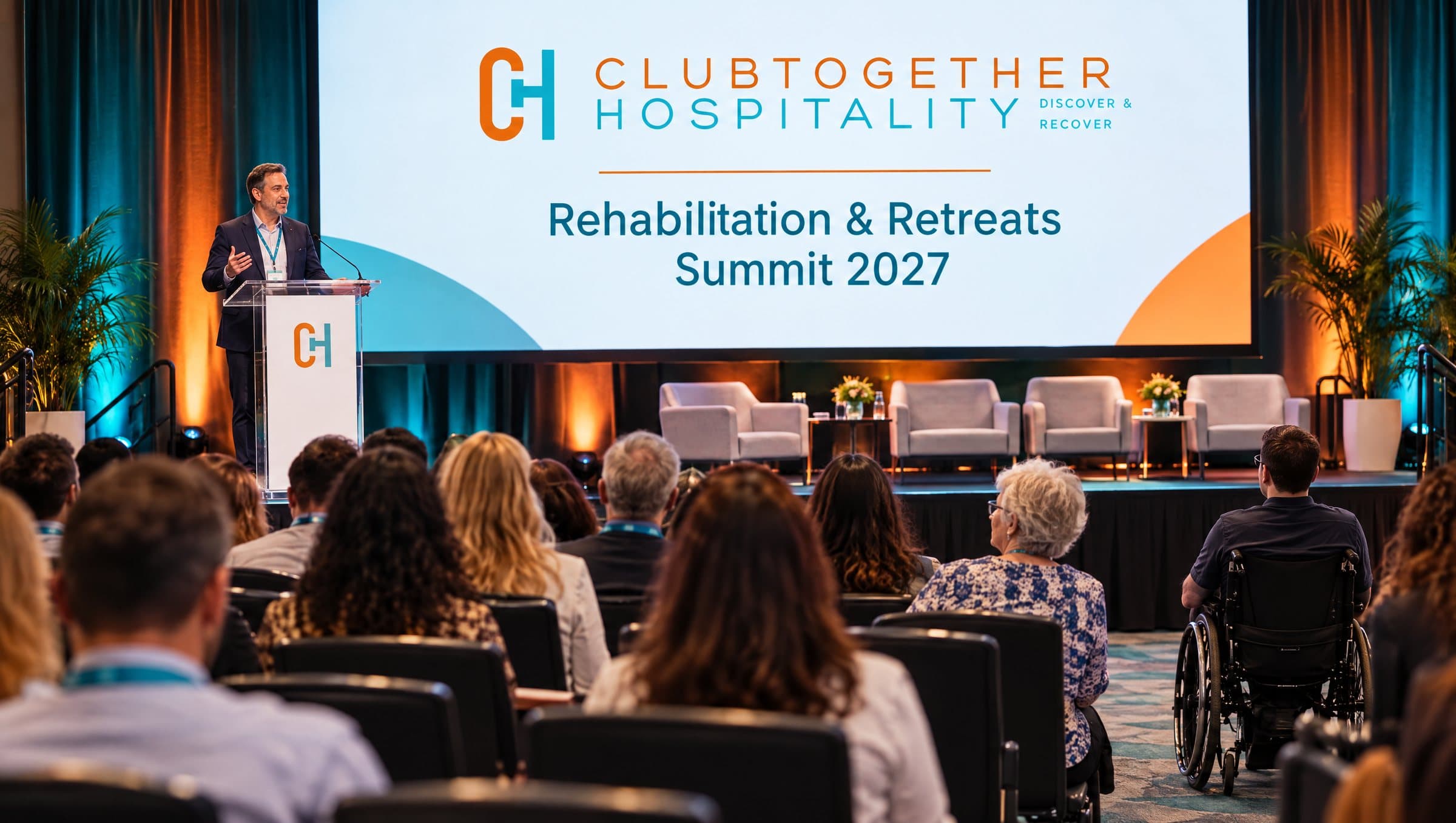 A keynote speaker on stage in front of a mixed audience, including a wheelchair user