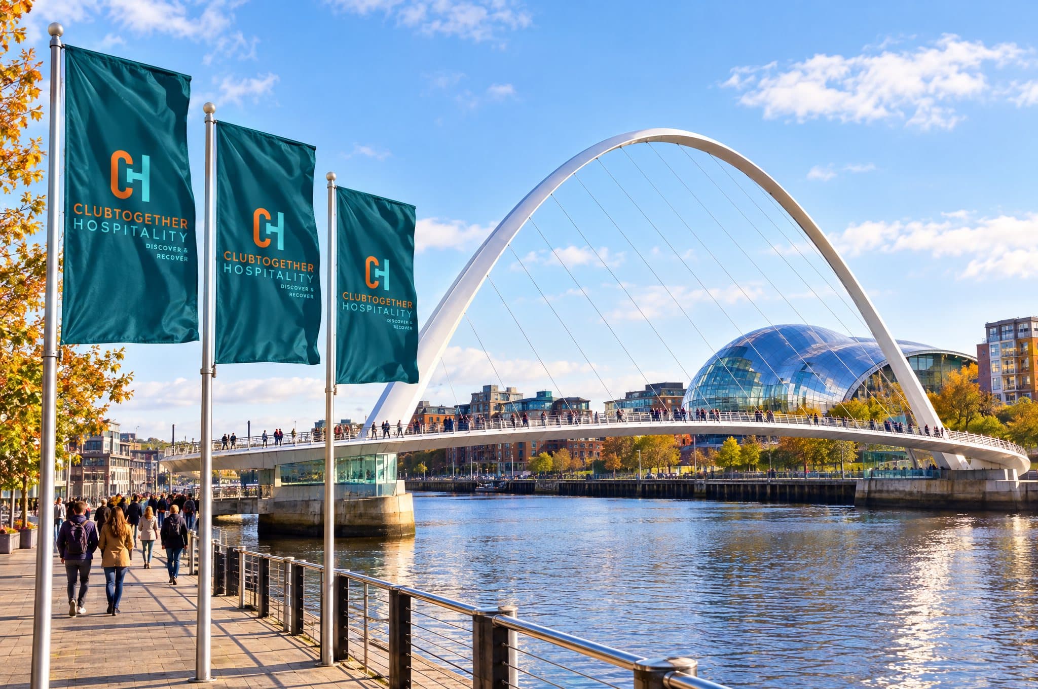 Clubtogether flags beside the Gateshead Millennium Bridge on a sunny autumn day
